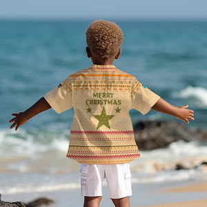 South Sudan Christmas Kid Hawaiian Shirt Beige Tribal Pattern, National Emblem, and Green Star Motif - African Pride