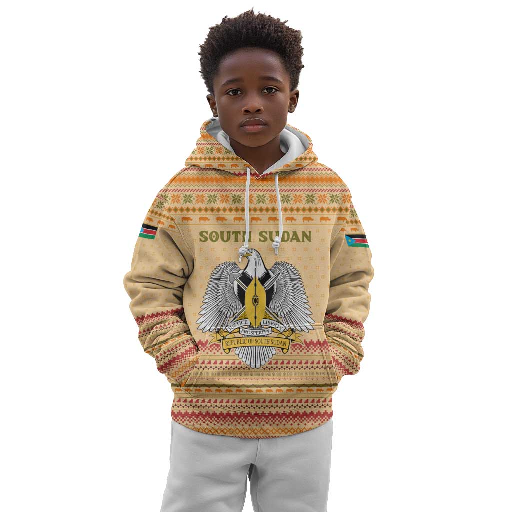 South Sudan Christmas Kid Hoodie Beige Tribal Pattern, National Emblem, and Green Star Motif - African Pride