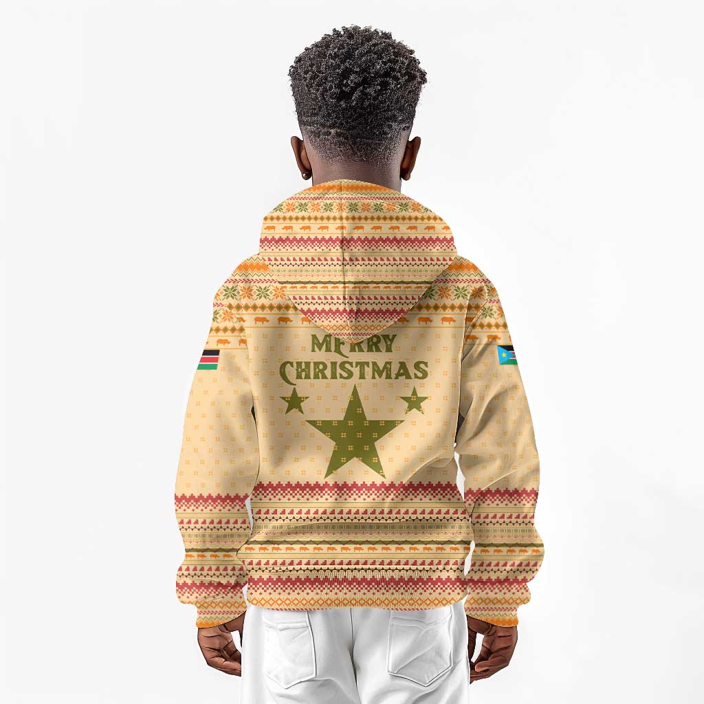 South Sudan Christmas Kid Hoodie Beige Tribal Pattern, National Emblem, and Green Star Motif - African Pride
