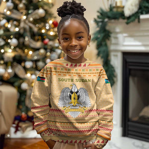 South Sudan Christmas Kid Ugly Christmas Sweater Beige Tribal Pattern, National Emblem, and Green Star Motif - African Pride
