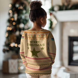 South Sudan Christmas Kid Ugly Christmas Sweater Beige Tribal Pattern, National Emblem, and Green Star Motif - African Pride