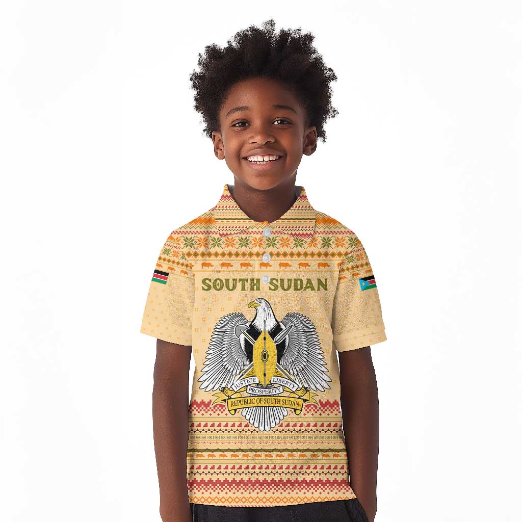 South Sudan Christmas Kid Polo Shirt Beige Tribal Pattern, National Emblem, and Green Star Motif - African Pride