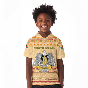 South Sudan Christmas Kid Polo Shirt Beige Tribal Pattern, National Emblem, and Green Star Motif - African Pride