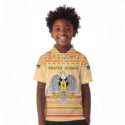 South Sudan Christmas Kid Polo Shirt Beige Tribal Pattern, National Emblem, and Green Star Motif - African Pride