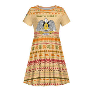 South Sudan Christmas Kid Short Sleeve Dress Beige Tribal Pattern, National Emblem, and Green Star Motif - African Pride