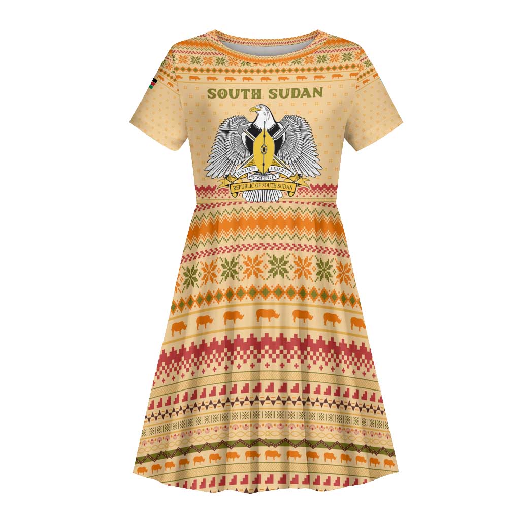 South Sudan Christmas Kid Short Sleeve Dress Beige Tribal Pattern, National Emblem, and Green Star Motif - African Pride