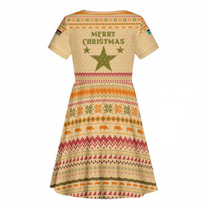South Sudan Christmas Kid Short Sleeve Dress Beige Tribal Pattern, National Emblem, and Green Star Motif - African Pride