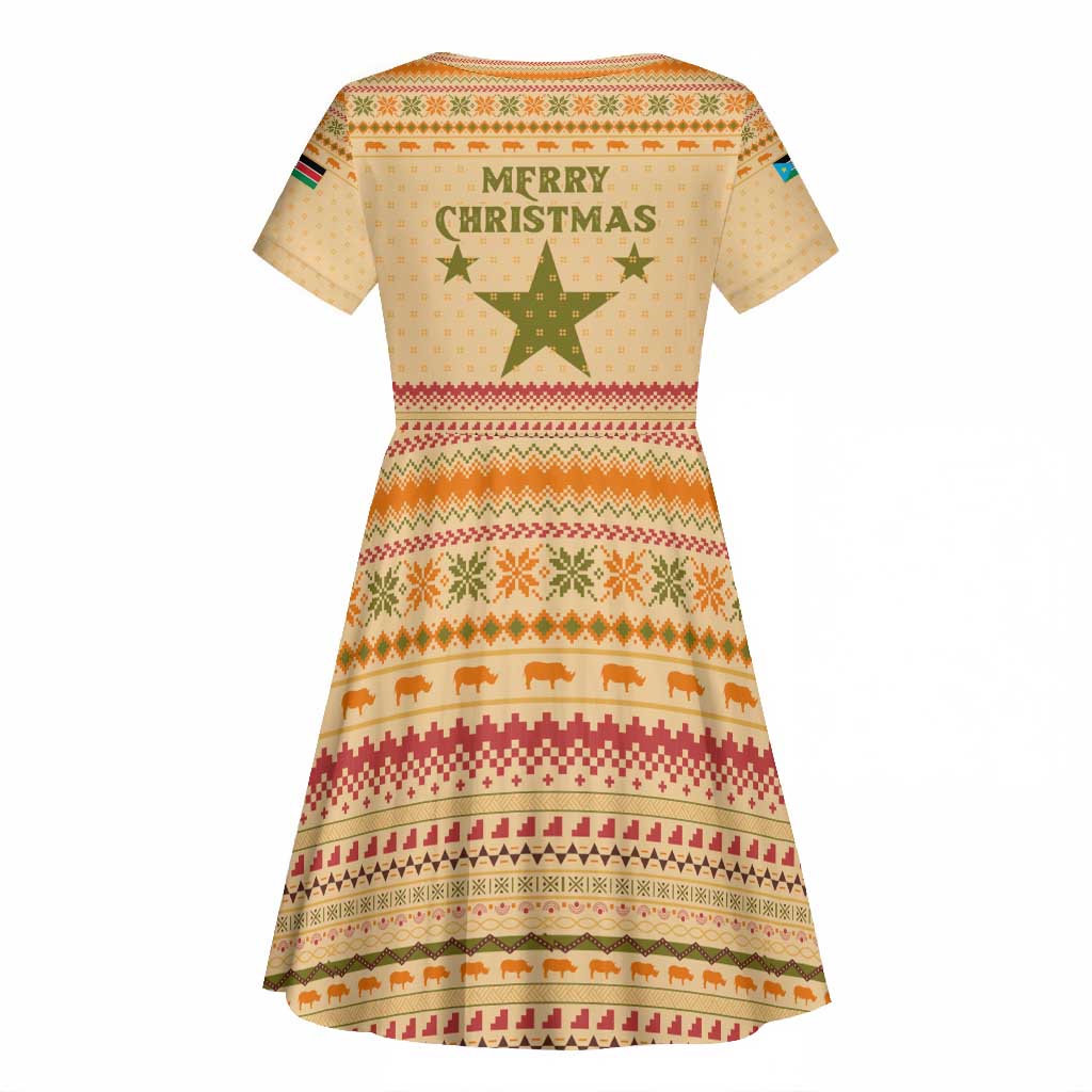 South Sudan Christmas Kid Short Sleeve Dress Beige Tribal Pattern, National Emblem, and Green Star Motif - African Pride