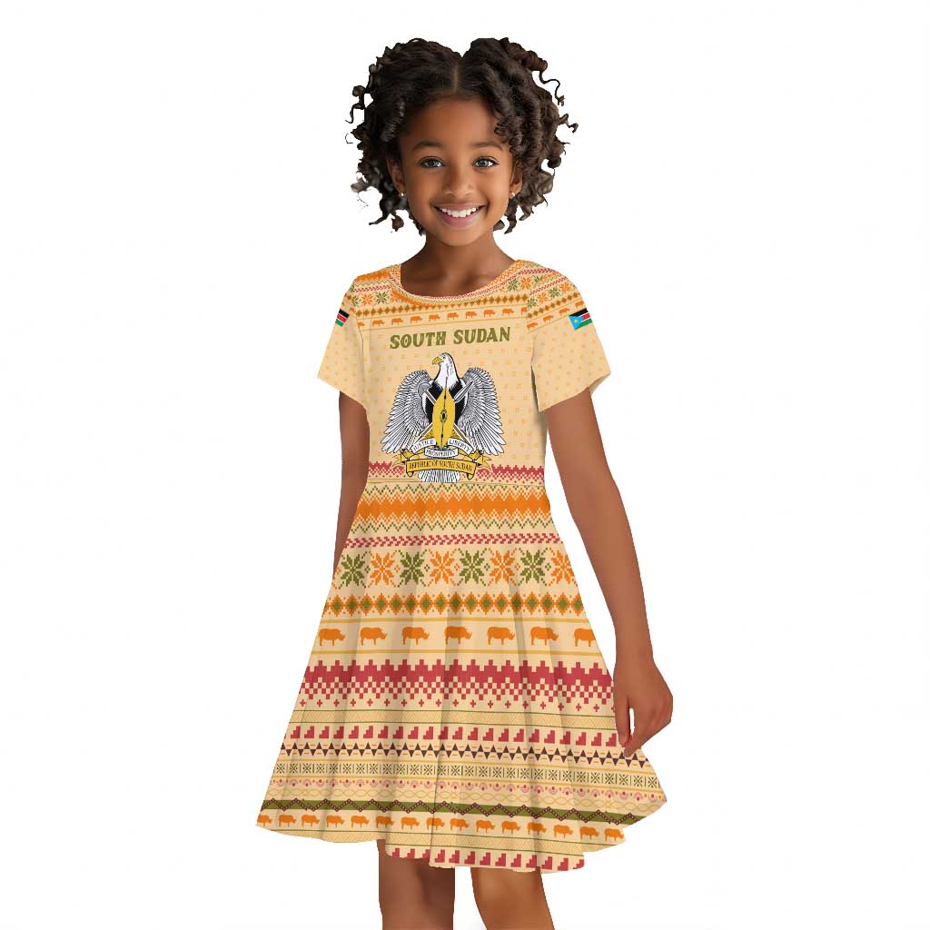 South Sudan Christmas Kid Short Sleeve Dress Beige Tribal Pattern, National Emblem, and Green Star Motif - African Pride