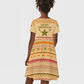 South Sudan Christmas Kid Short Sleeve Dress Beige Tribal Pattern, National Emblem, and Green Star Motif - African Pride