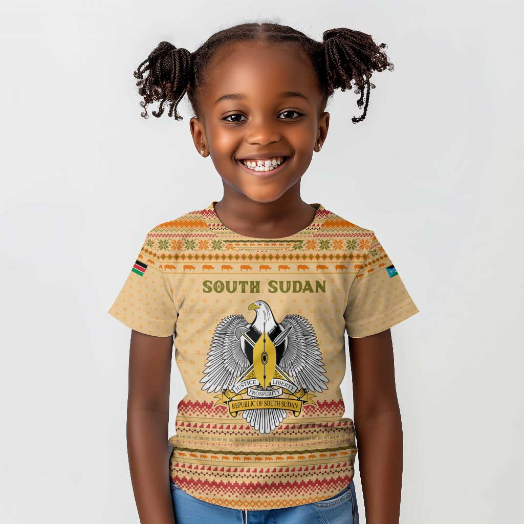 South Sudan Christmas Kid T shirt Beige Tribal Pattern, National Emblem, and Green Star Motif - African Pride