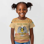 South Sudan Christmas Kid T shirt Beige Tribal Pattern, National Emblem, and Green Star Motif - African Pride