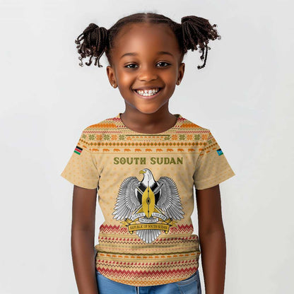 South Sudan Christmas Kid T shirt Beige Tribal Pattern, National Emblem, and Green Star Motif - African Pride
