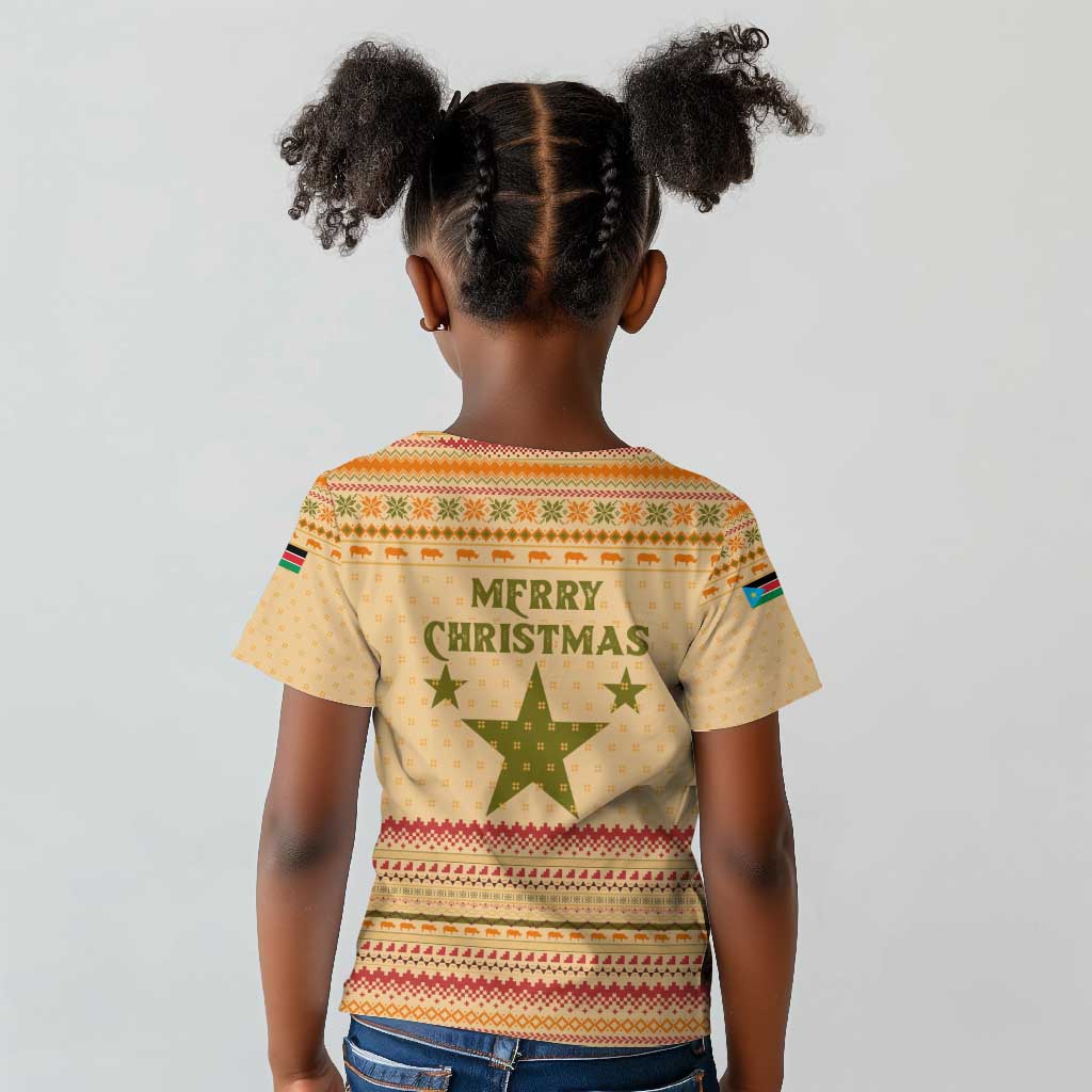 South Sudan Christmas Kid T shirt Beige Tribal Pattern, National Emblem, and Green Star Motif - African Pride