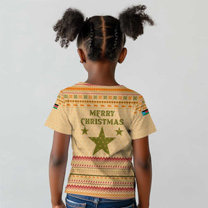 South Sudan Christmas Kid T shirt Beige Tribal Pattern, National Emblem, and Green Star Motif - African Pride