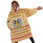 South Sudan Christmas Kid Wearable Blanket Hoodie Beige Tribal Pattern, National Emblem, and Green Star Motif - African Pride