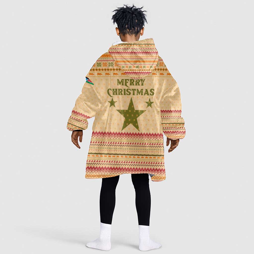 South Sudan Christmas Kid Wearable Blanket Hoodie Beige Tribal Pattern, National Emblem, and Green Star Motif - African Pride