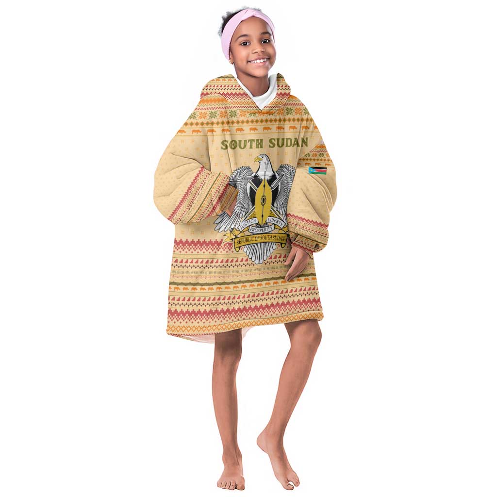 South Sudan Christmas Kid Wearable Blanket Hoodie Beige Tribal Pattern, National Emblem, and Green Star Motif - African Pride