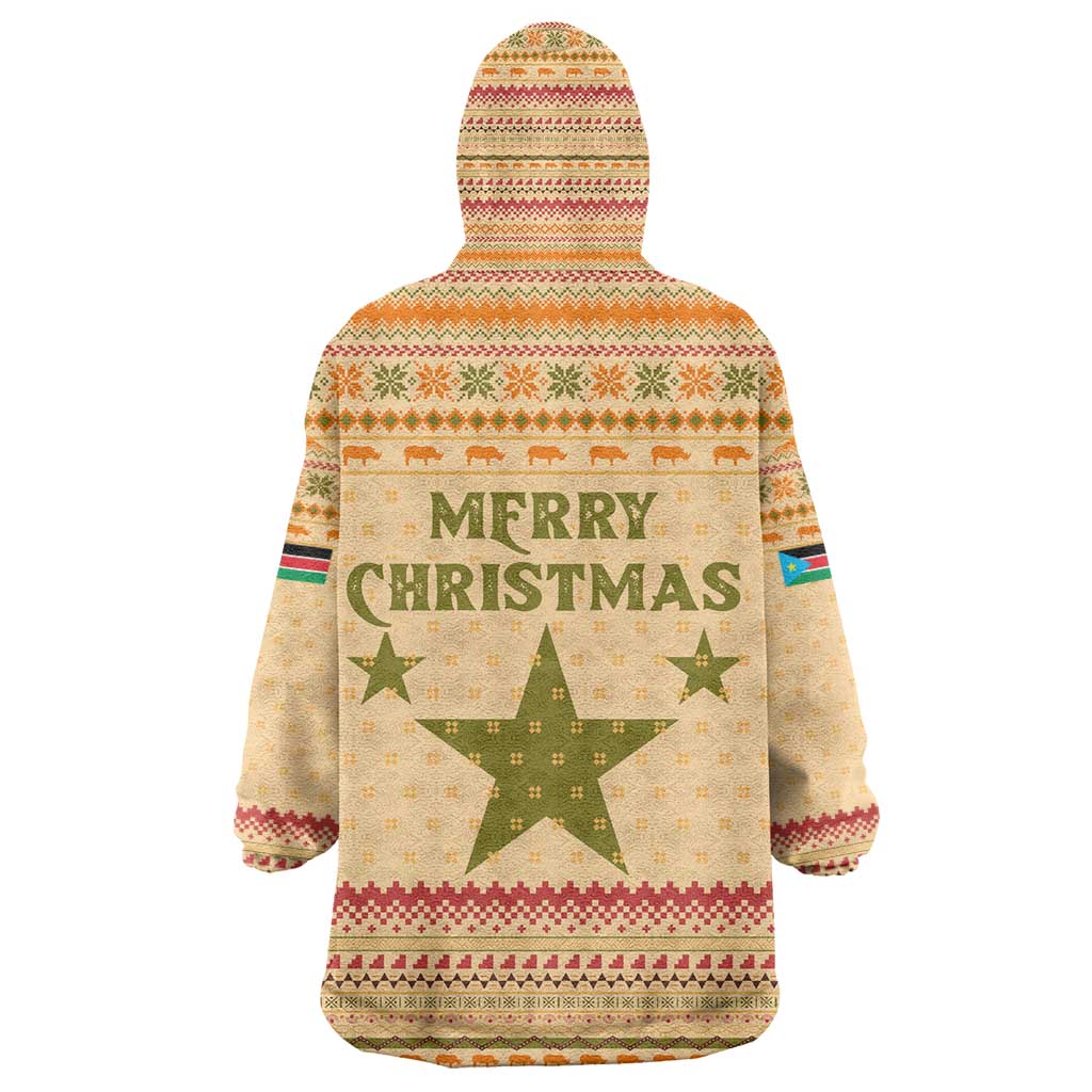South Sudan Christmas Kid Wearable Blanket Hoodie Beige Tribal Pattern, National Emblem, and Green Star Motif - African Pride