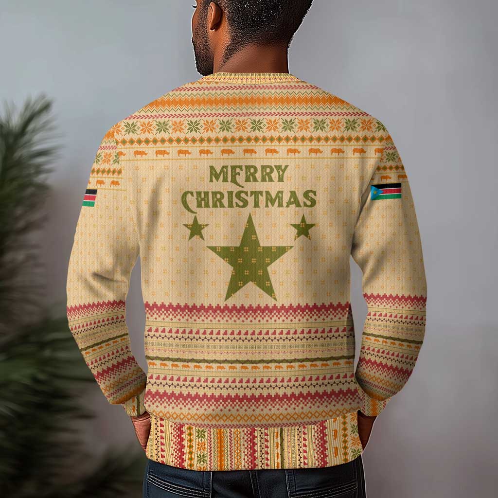 South Sudan Christmas Ugly Christmas Sweater Beige Tribal Pattern, National Emblem, and Green Star Motif - African Pride