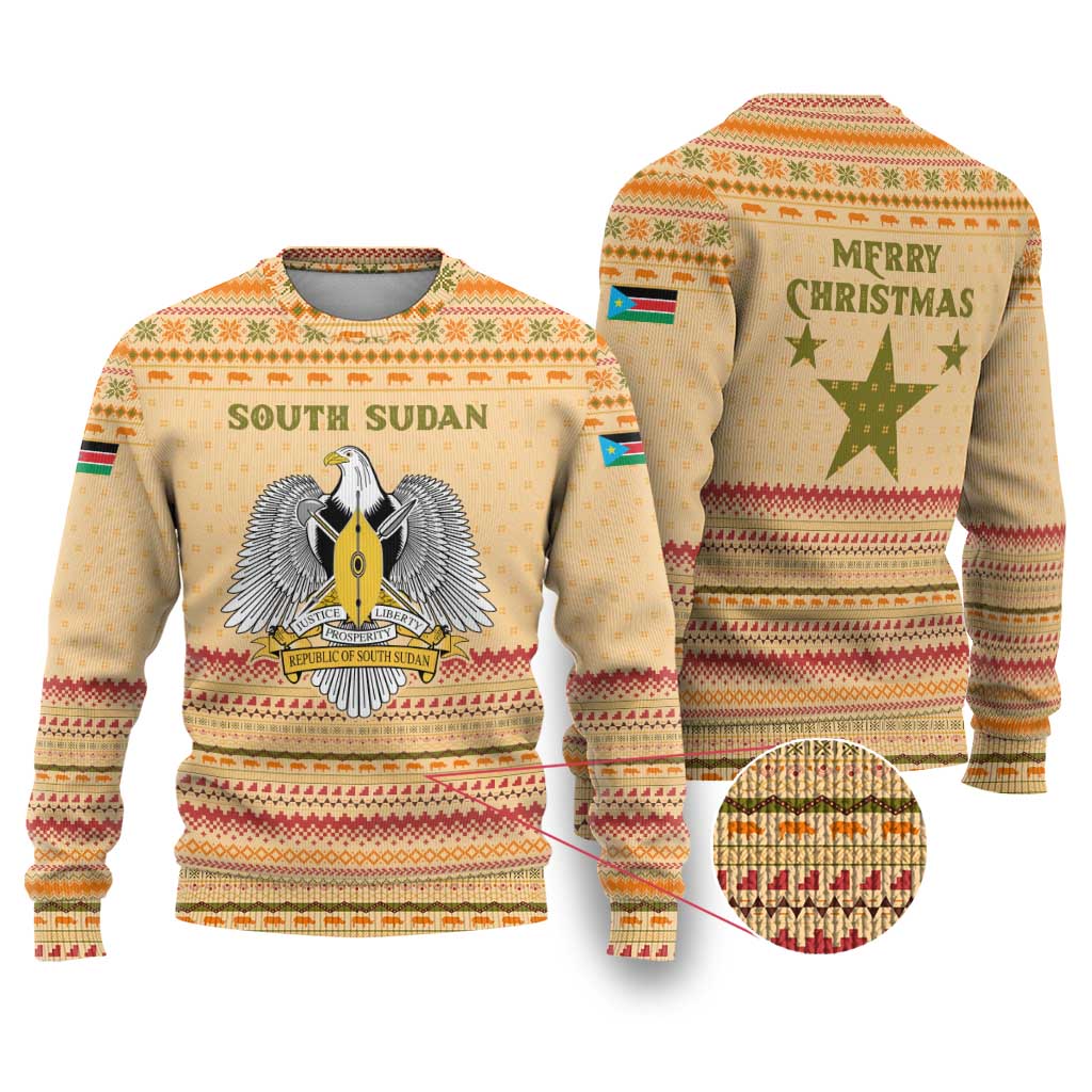 South Sudan Christmas Ugly Christmas Sweater Beige Tribal Pattern, National Emblem, and Green Star Motif - African Pride