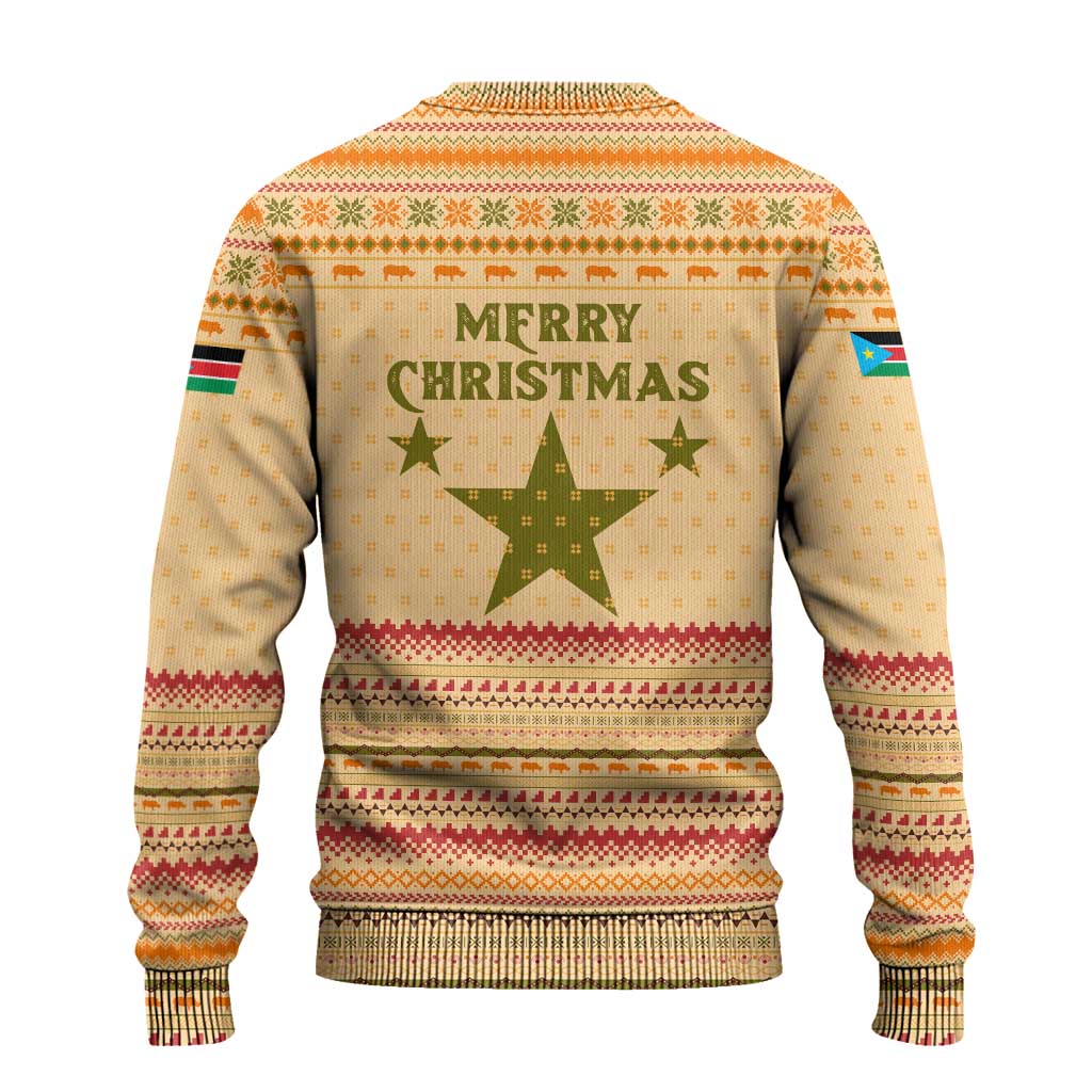South Sudan Christmas Ugly Christmas Sweater Beige Tribal Pattern, National Emblem, and Green Star Motif - African Pride