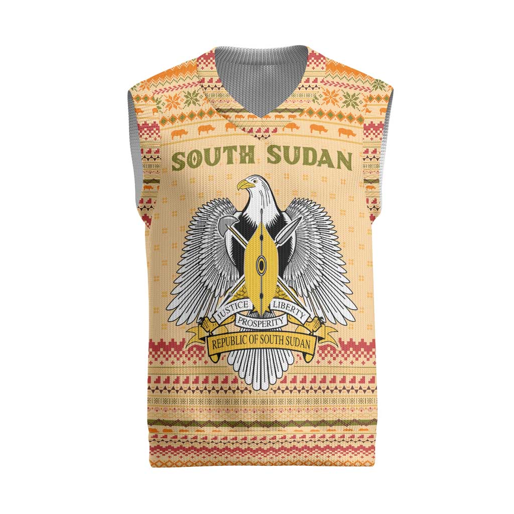 South Sudan Christmas Knitted V-Neck Vest Beige Tribal Pattern, National Emblem, and Green Star Motif - African Pride