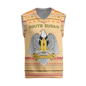 South Sudan Christmas Knitted V-Neck Vest Beige Tribal Pattern, National Emblem, and Green Star Motif - African Pride