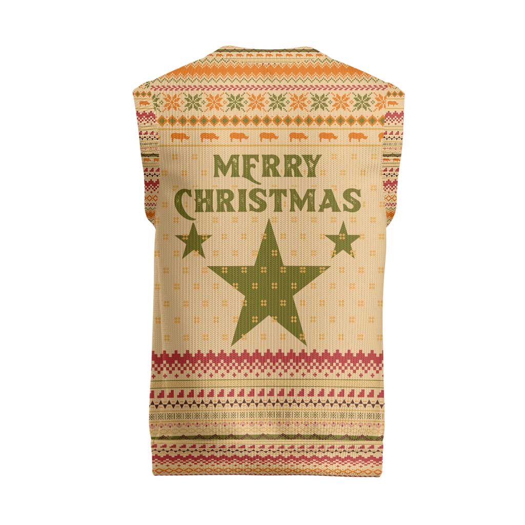 South Sudan Christmas Knitted V-Neck Vest Beige Tribal Pattern, National Emblem, and Green Star Motif - African Pride