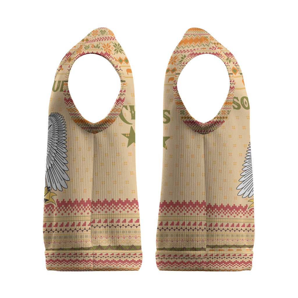South Sudan Christmas Knitted V-Neck Vest Beige Tribal Pattern, National Emblem, and Green Star Motif - African Pride