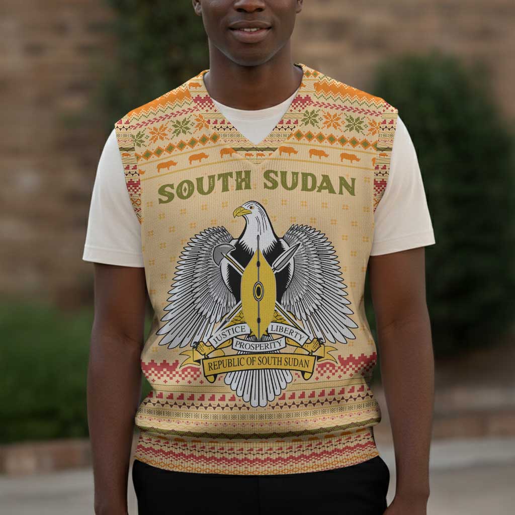 South Sudan Christmas Knitted V-Neck Vest Beige Tribal Pattern, National Emblem, and Green Star Motif - African Pride