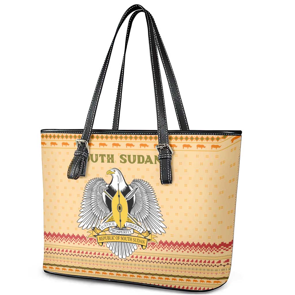 South Sudan Christmas Leather Tote Bag Beige Tribal Pattern, National Emblem, and Green Star Motif - African Pride