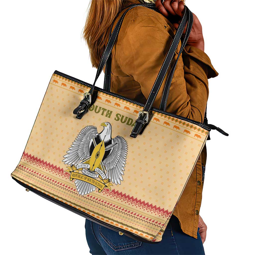 South Sudan Christmas Leather Tote Bag Beige Tribal Pattern, National Emblem, and Green Star Motif - African Pride
