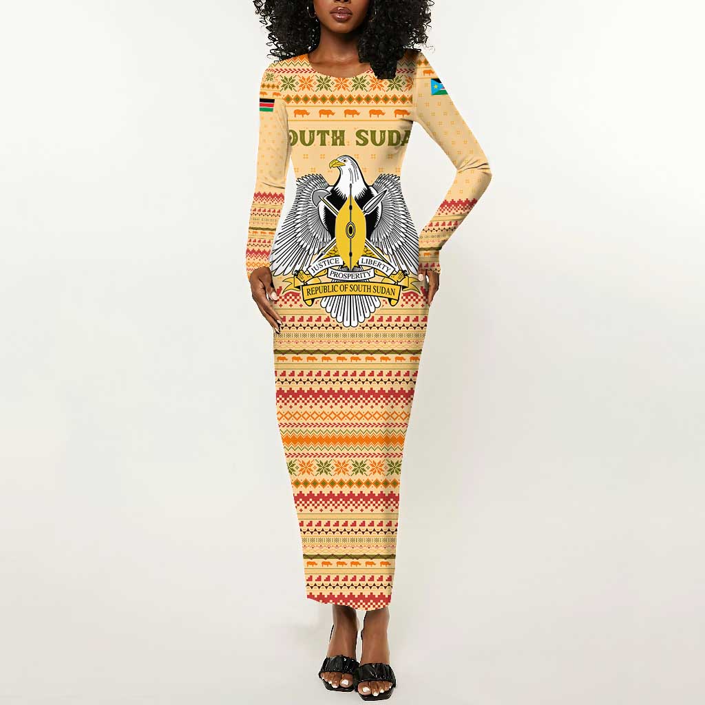 South Sudan Christmas Long Sleeve Bodycon Dress Beige Tribal Pattern, National Emblem, and Green Star Motif - African Pride