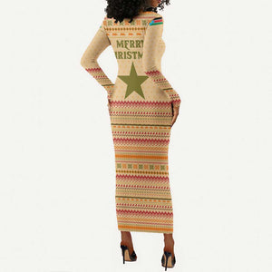 South Sudan Christmas Long Sleeve Bodycon Dress Beige Tribal Pattern, National Emblem, and Green Star Motif - African Pride