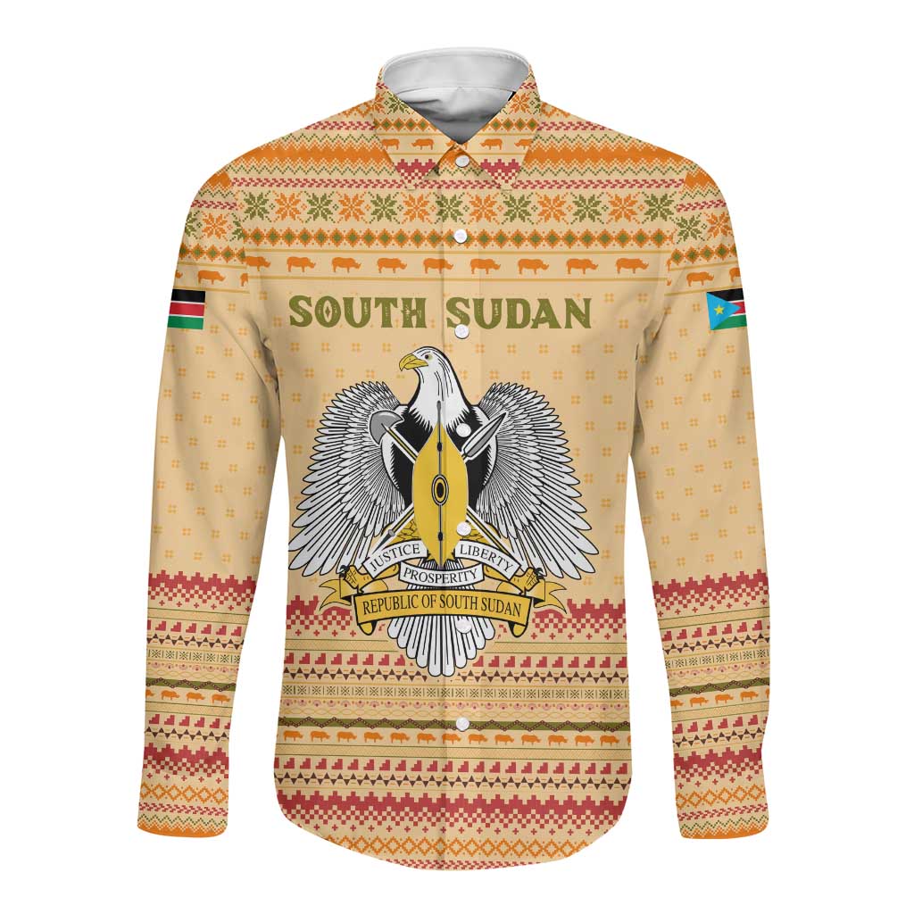 South Sudan Christmas Long Sleeve Button Shirt Beige Tribal Pattern, National Emblem, and Green Star Motif - African Pride
