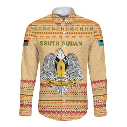 South Sudan Christmas Long Sleeve Button Shirt Beige Tribal Pattern, National Emblem, and Green Star Motif - African Pride