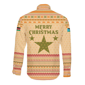 South Sudan Christmas Long Sleeve Button Shirt Beige Tribal Pattern, National Emblem, and Green Star Motif - African Pride