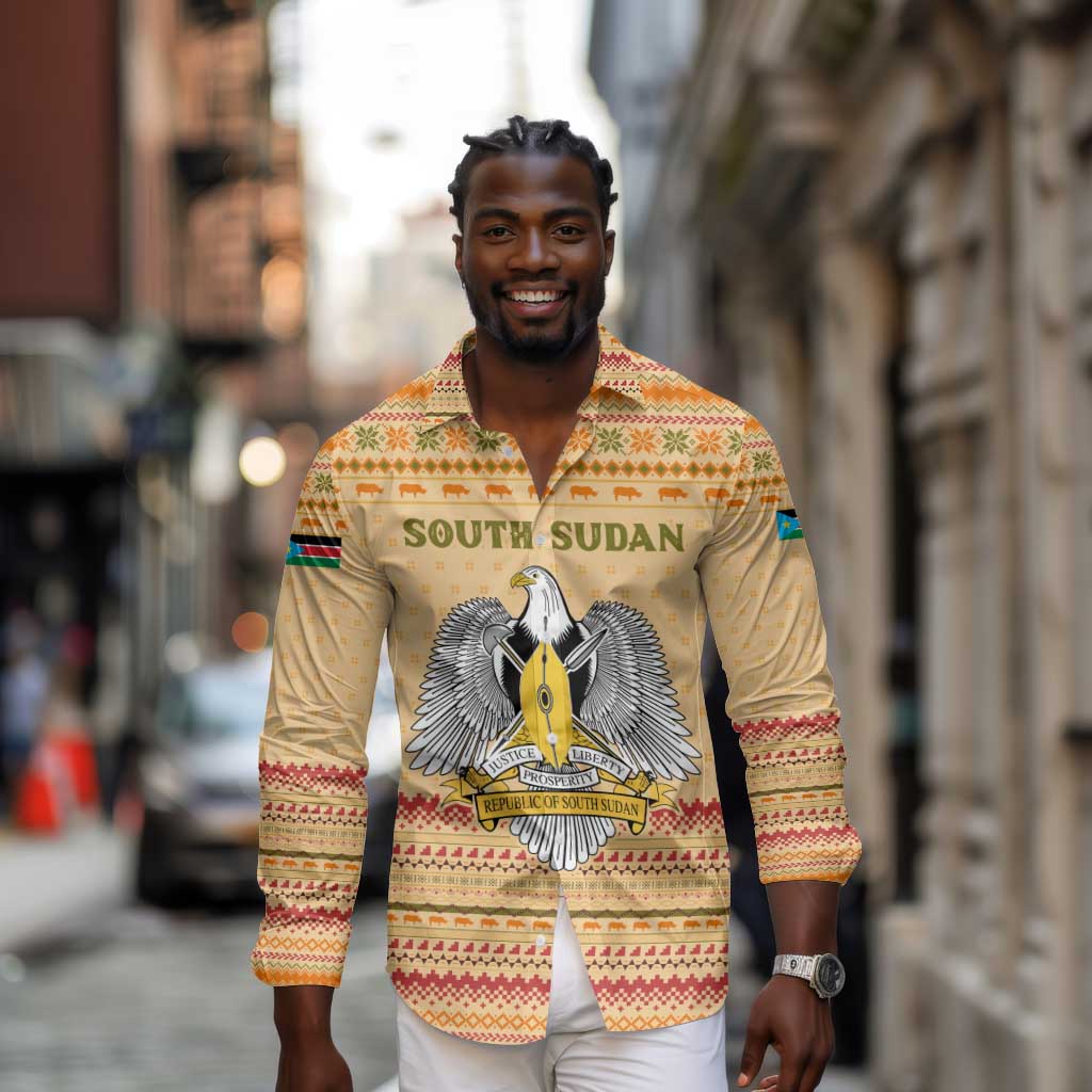 South Sudan Christmas Long Sleeve Button Shirt Beige Tribal Pattern, National Emblem, and Green Star Motif - African Pride