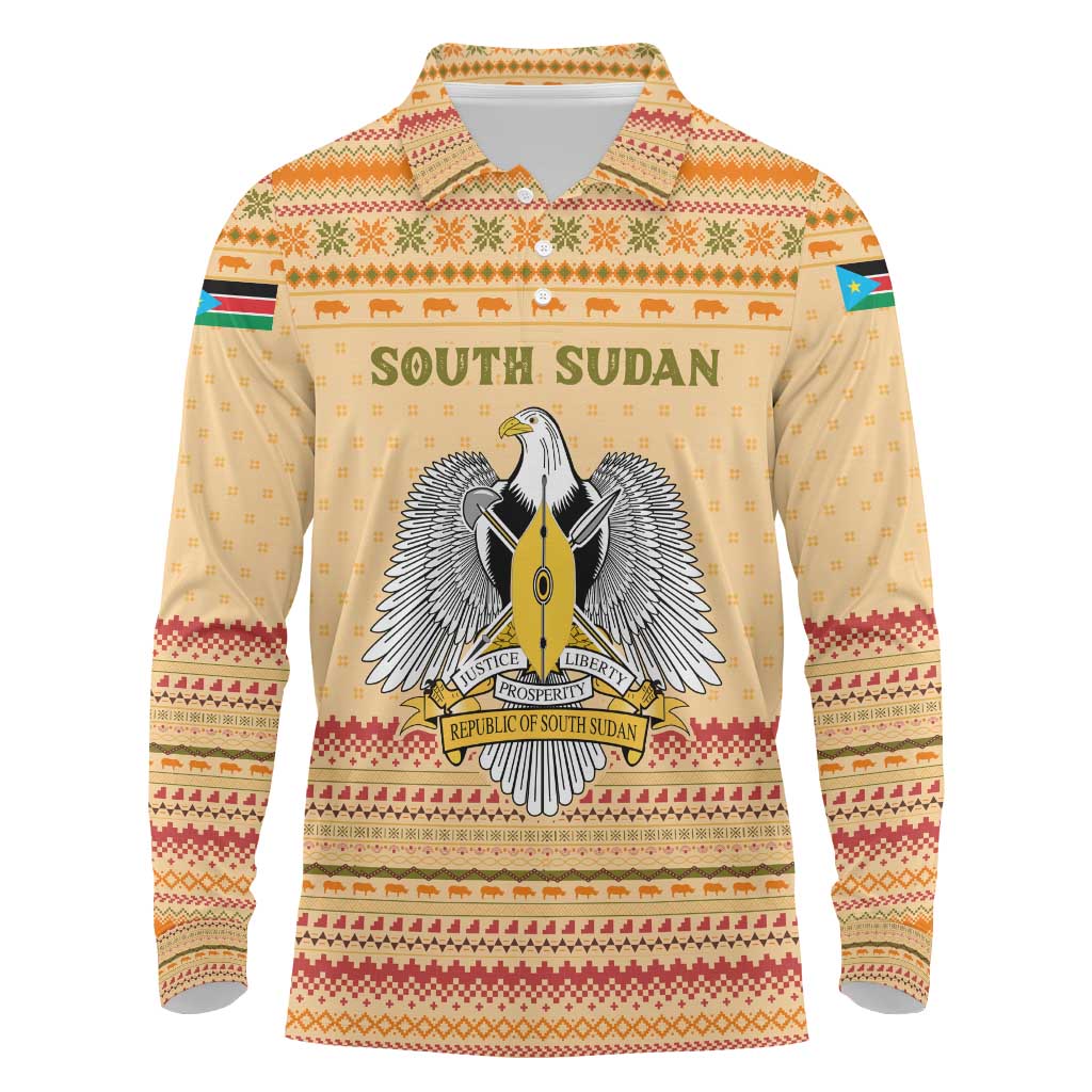 South Sudan Christmas Long Sleeve Polo Shirt Beige Tribal Pattern, National Emblem, and Green Star Motif - African Pride