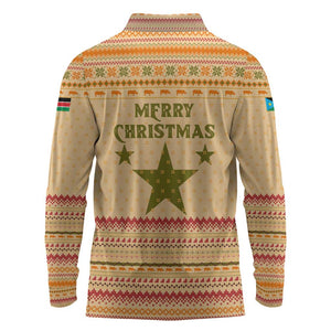 South Sudan Christmas Long Sleeve Polo Shirt Beige Tribal Pattern, National Emblem, and Green Star Motif - African Pride