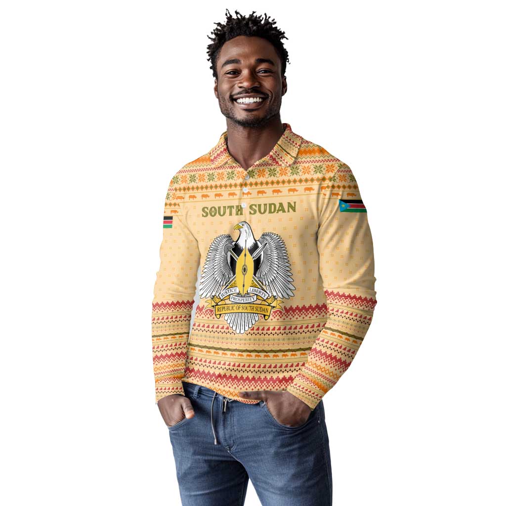 South Sudan Christmas Long Sleeve Polo Shirt Beige Tribal Pattern, National Emblem, and Green Star Motif - African Pride