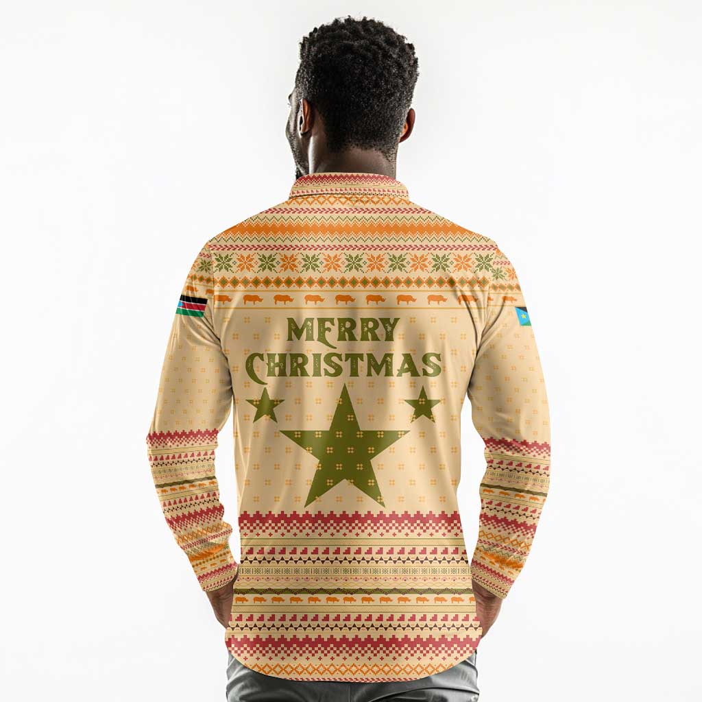 South Sudan Christmas Long Sleeve Polo Shirt Beige Tribal Pattern, National Emblem, and Green Star Motif - African Pride