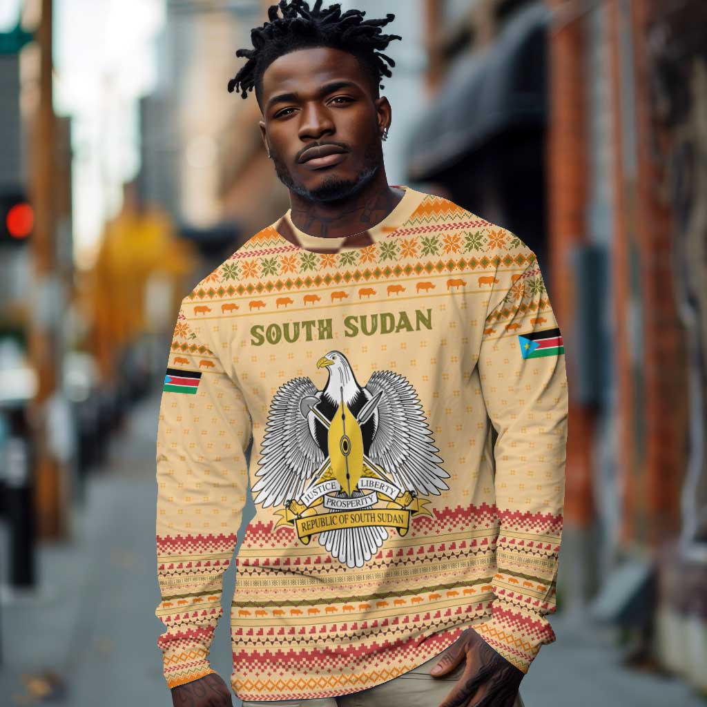 South Sudan Christmas Long Sleeve Shirt Beige Tribal Pattern, National Emblem, and Green Star Motif - African Pride