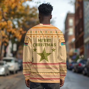 South Sudan Christmas Long Sleeve Shirt Beige Tribal Pattern, National Emblem, and Green Star Motif - African Pride