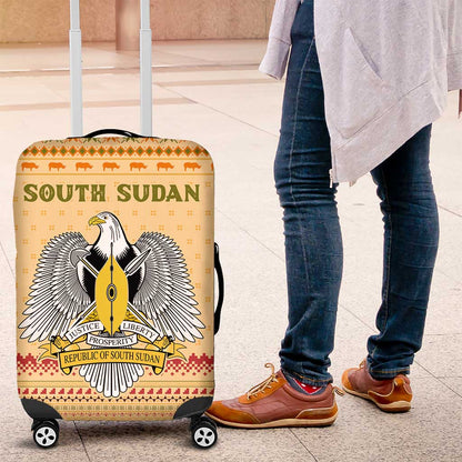 South Sudan Christmas Luggage Cover Beige Tribal Pattern, National Emblem, and Green Star Motif - African Pride
