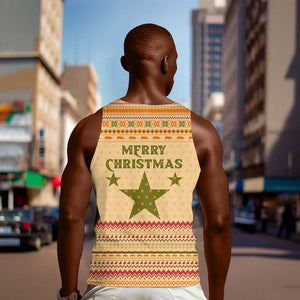 South Sudan Christmas Men Tank Top Beige Tribal Pattern, National Emblem, and Green Star Motif - African Pride