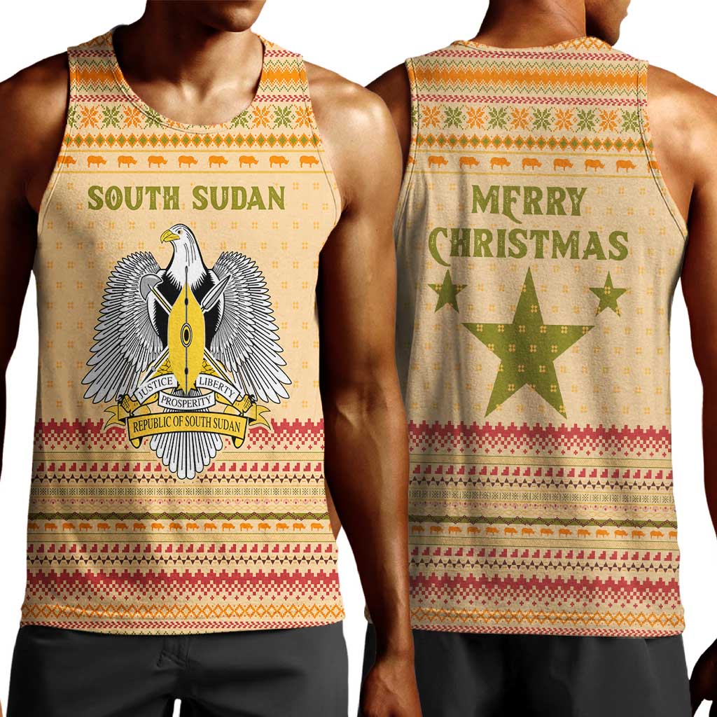 South Sudan Christmas Men Tank Top Beige Tribal Pattern, National Emblem, and Green Star Motif - African Pride