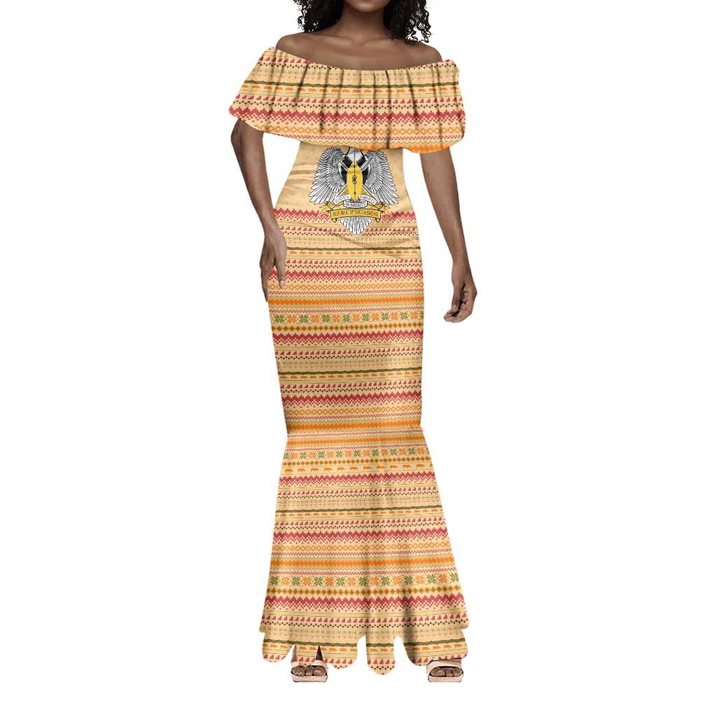 South Sudan Christmas Mermaid Dress Beige Tribal Pattern, National Emblem, and Green Star Motif - African Pride