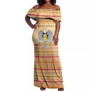 South Sudan Christmas Off Shoulder Maxi Dress Beige Tribal Pattern, National Emblem, and Green Star Motif - African Pride